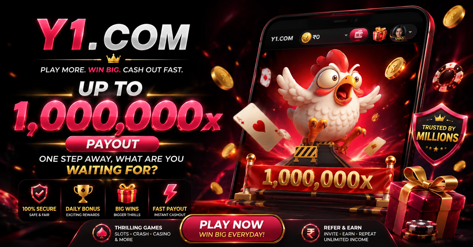 Y1 Game official banner — up to 1,000,000x payout, 100% secure, daily bonus, big wins and fast payout