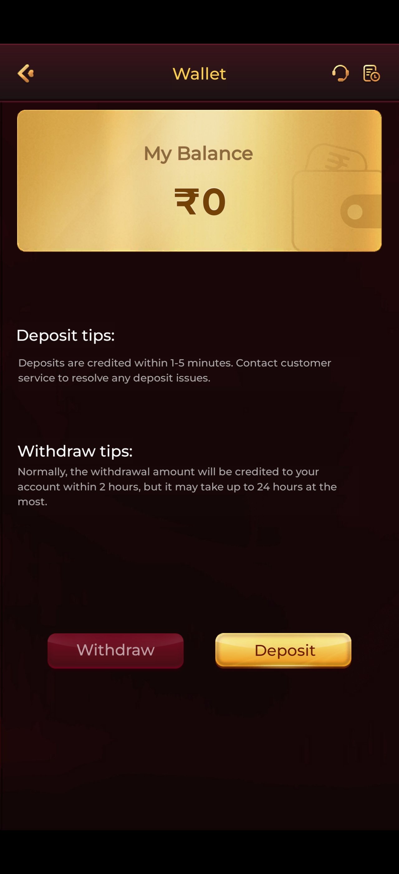 Y1 Game app wallet screen showing balance, deposit and withdraw options