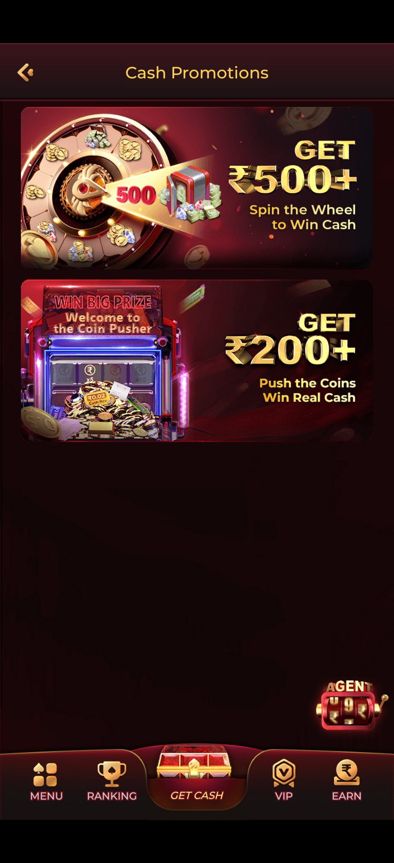 Y1 Game cash promotions screen with spin the wheel and coin pusher rewards