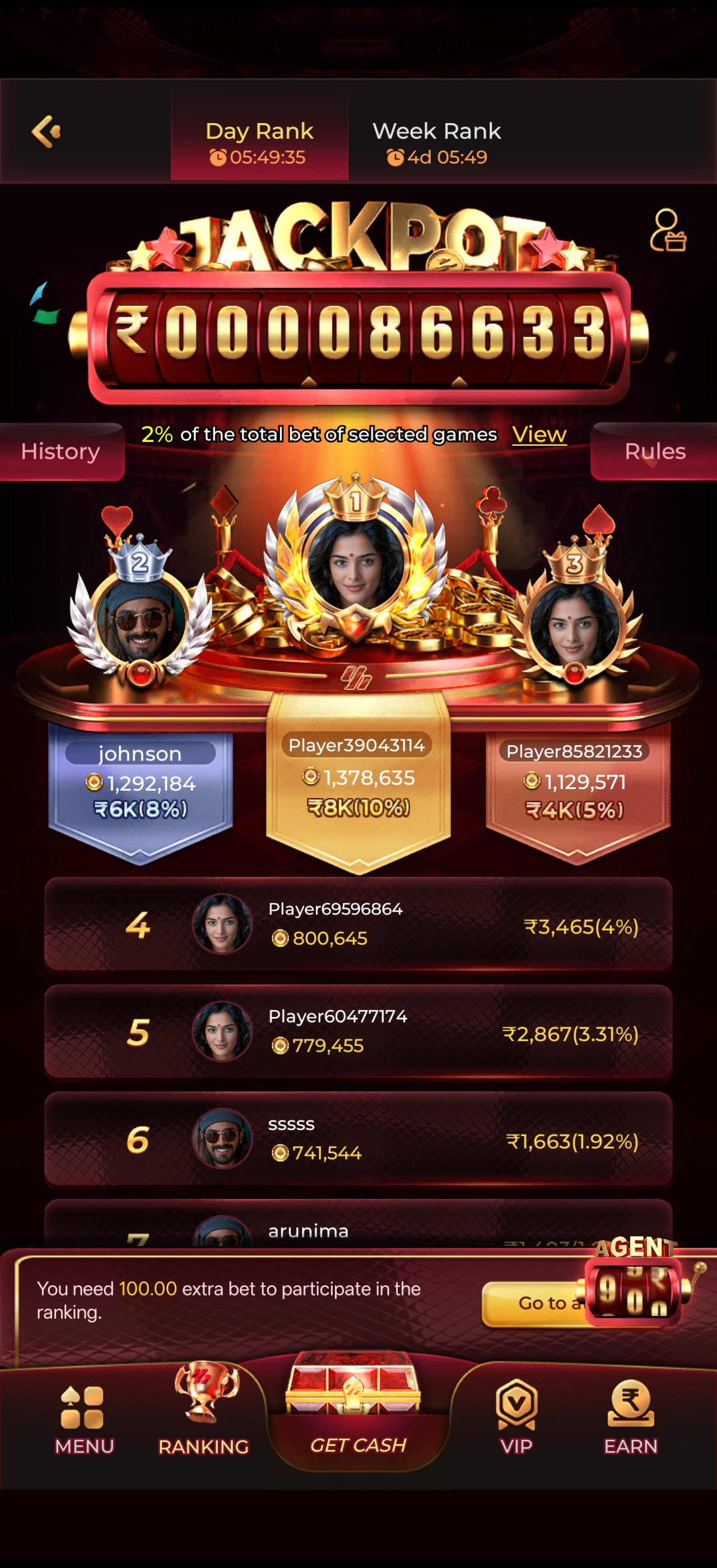 Y1 Game jackpot pool and daily player ranking leaderboard screen