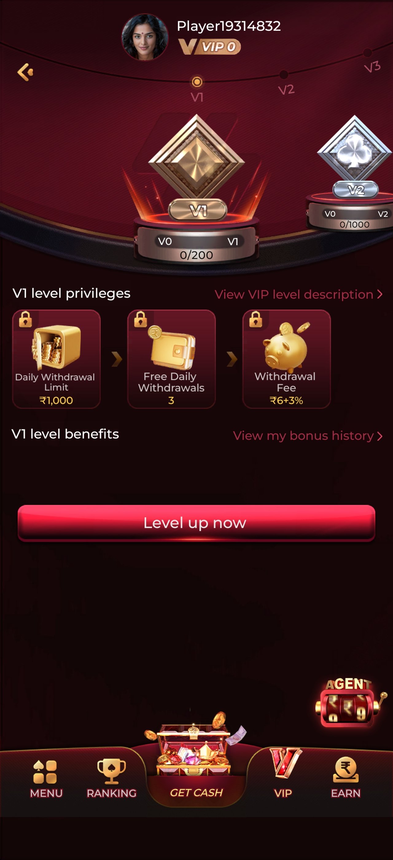 Y1 Game VIP level privileges screen with withdrawal limits and benefits