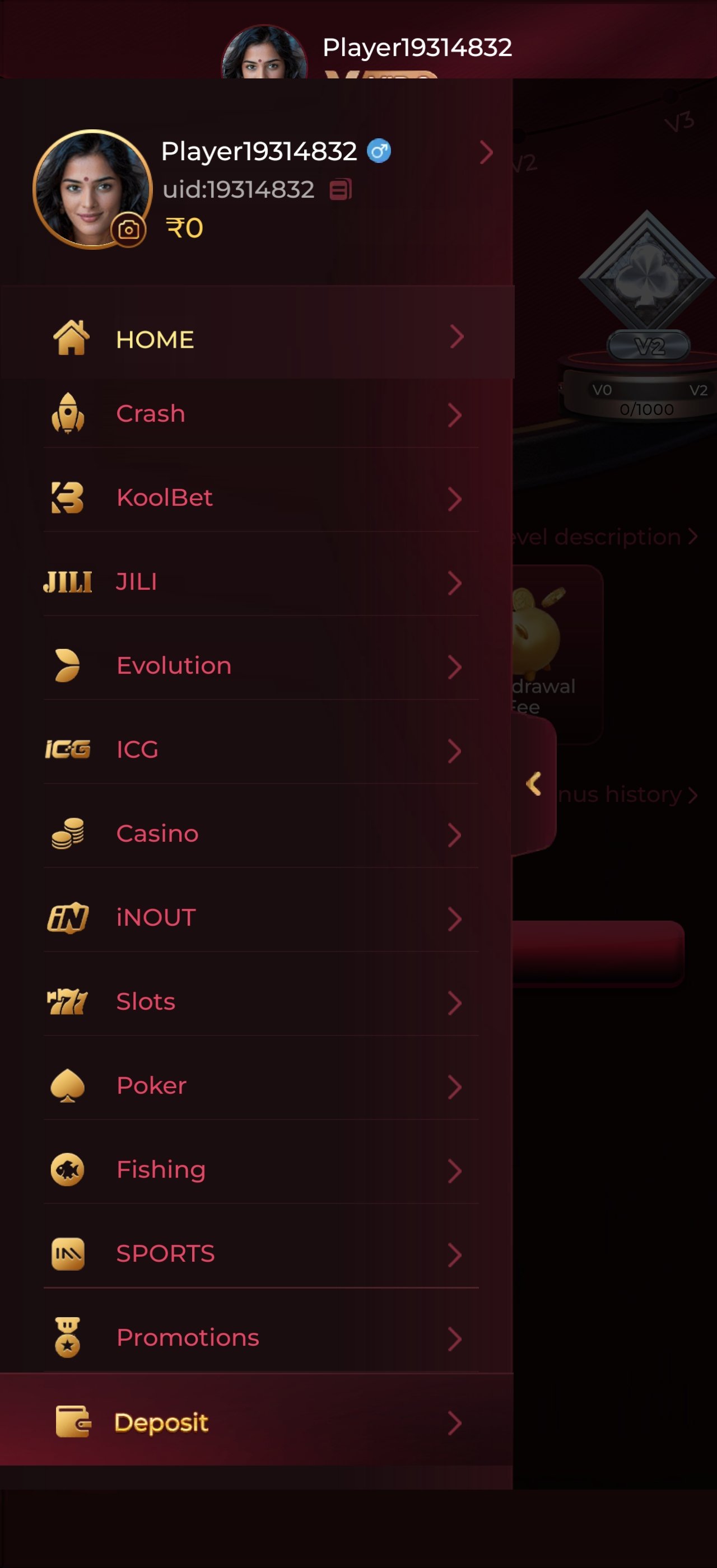 Y1 Game side menu listing slots, casino and game provider categories