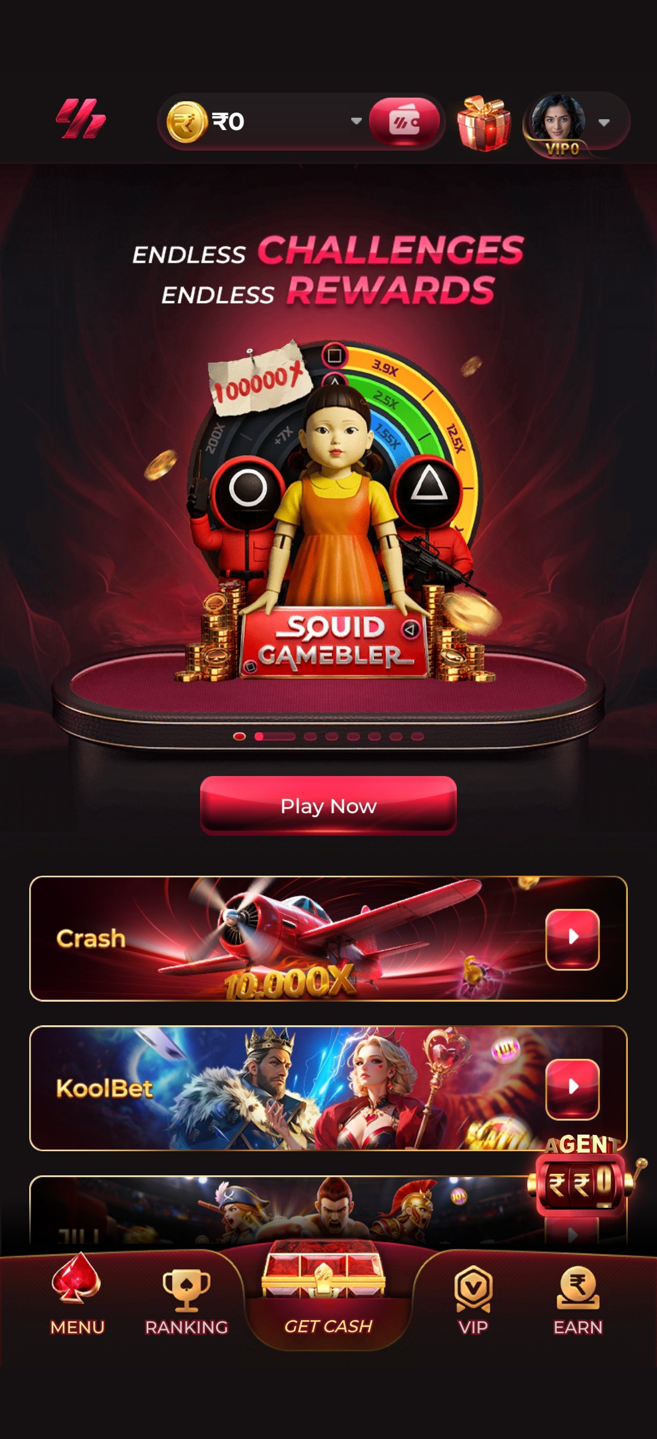 Y1 Game home lobby with featured game banner and quick-play rows